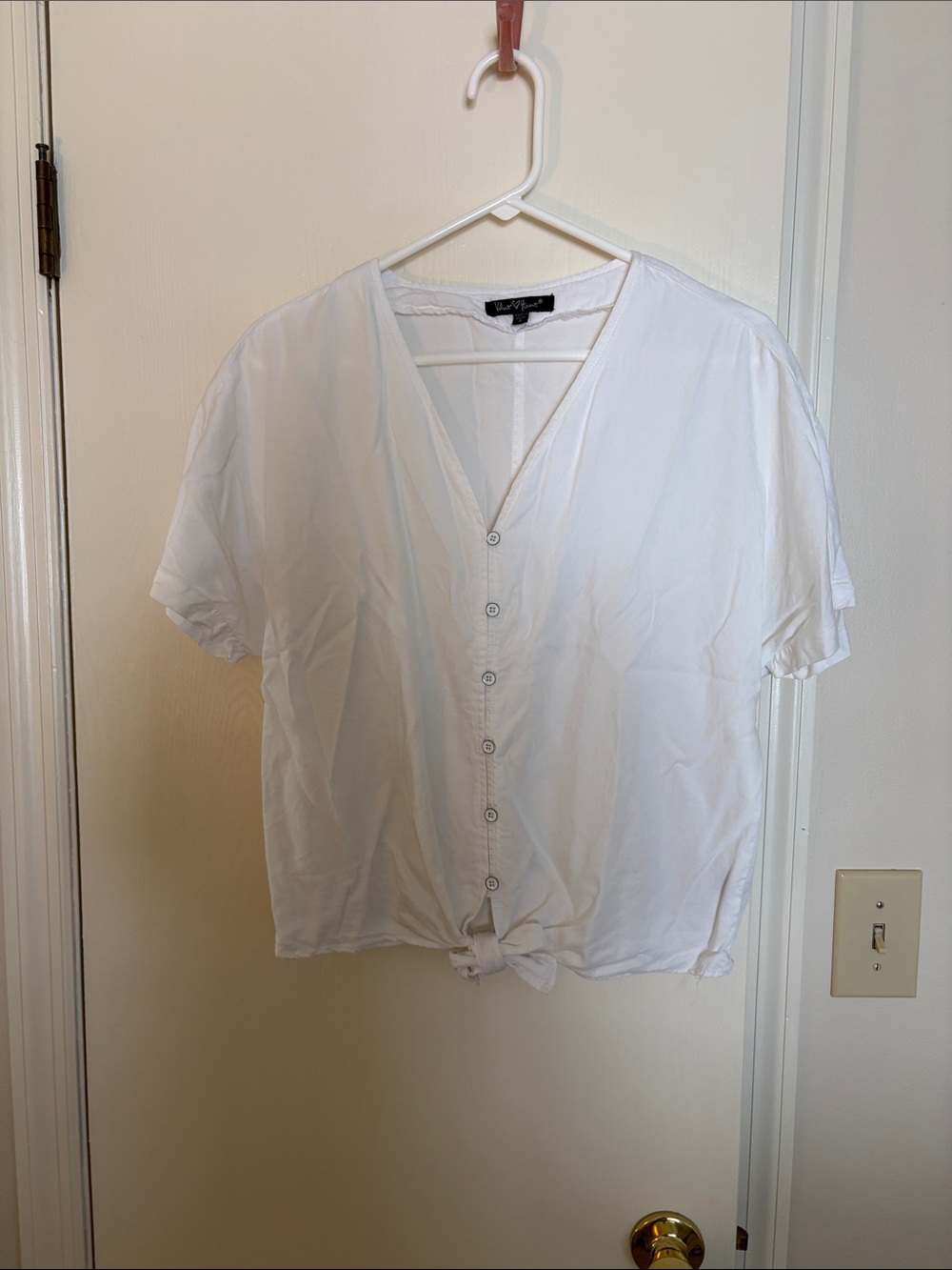 V-Neck Button Front White Tie-Hem Women's Top
